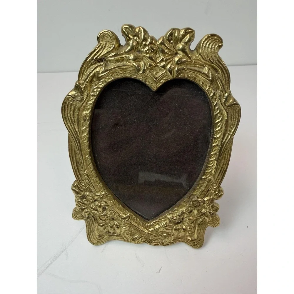 Brass Picture Photo Frame Heart Shape Floral Design Vintage Home Decor